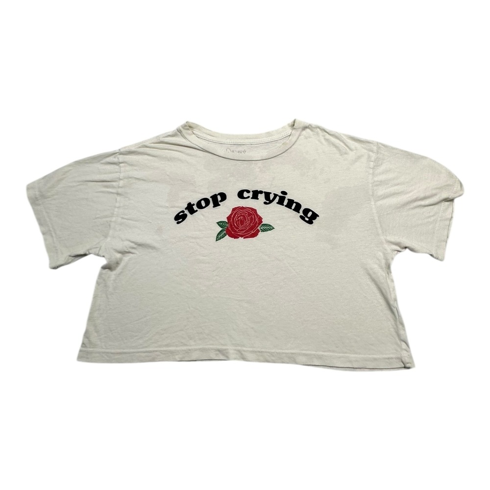 Desert Dreamer Stop Crying Rose Cropped Graphic T Shirt Womens XS‎ Cream Cotton